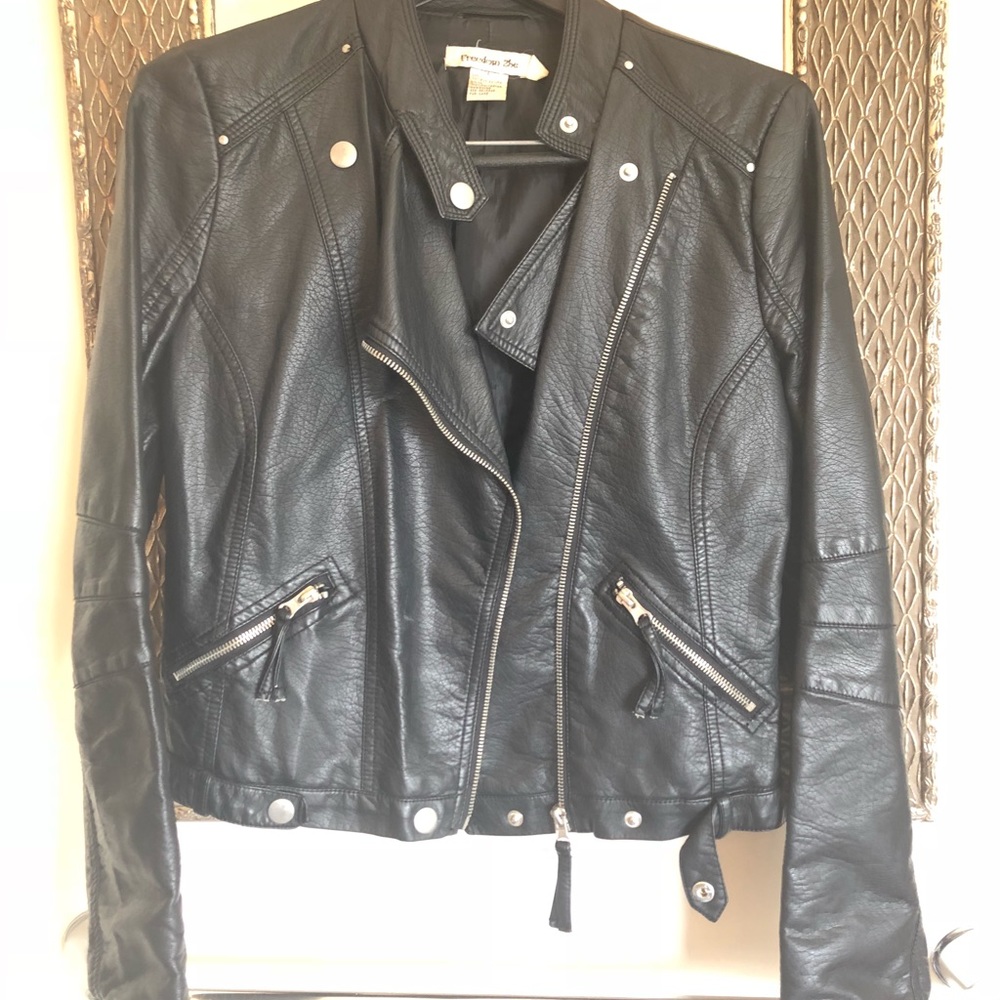 Black faux leather waist length biker style jacket